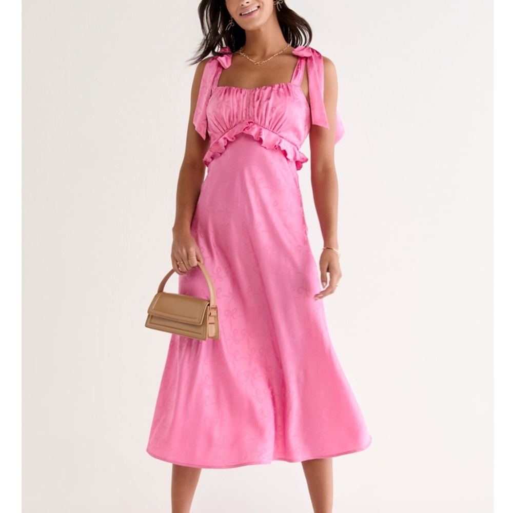 Rita Ruched Bow Jacquard Midi Dress Pink